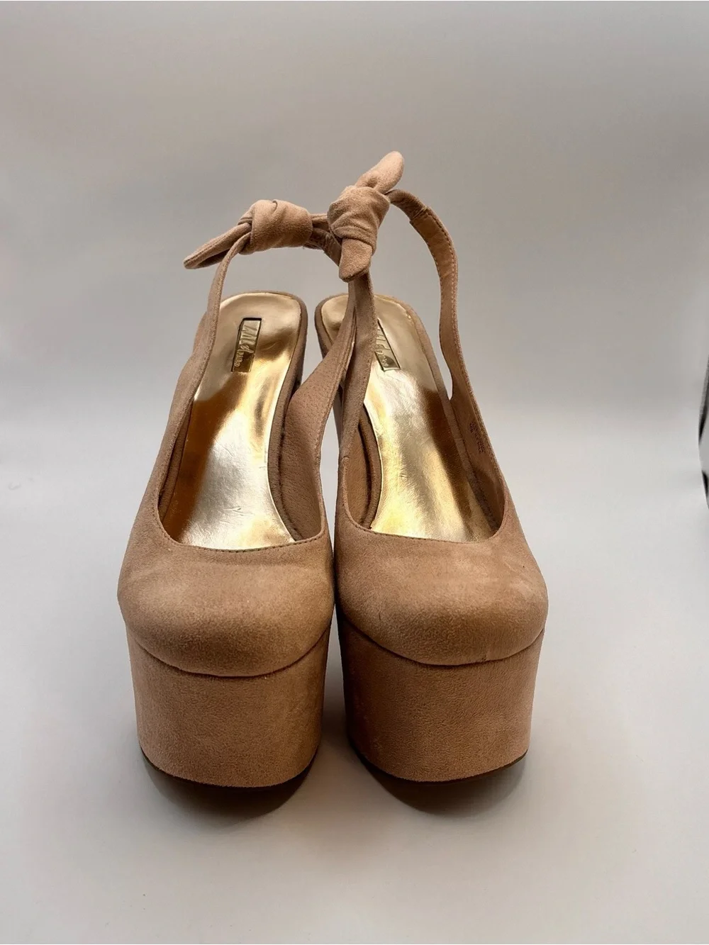 Y2K Wild Pair Nude Faux Suede Platform Slingback Ankle Bow Heels - Size 8